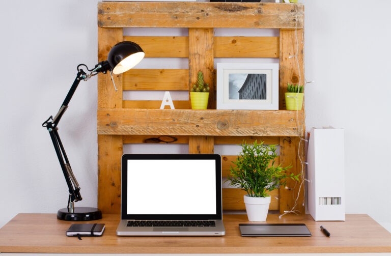 Diy Workspace Make With Pallet. Computer Blank On The Desk