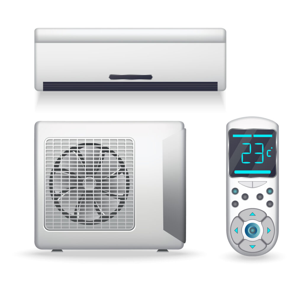 Air Conditioner System Realistic Set With Cooling Or Heating Equipment. Electronic Appliance Or Device To Clean, Freshen And Circulate Air. Color Indoor And Outdoor Units. Icon On White Background
